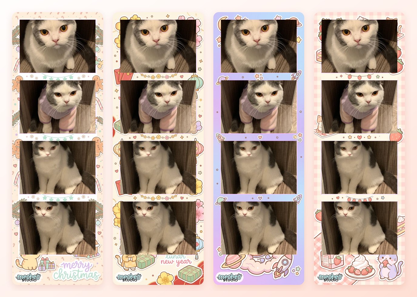 Bốn dải photobooth 4 ảnh ghép khung theo chủ đề Giáng sinh, Tết, galaxy và dâu tây