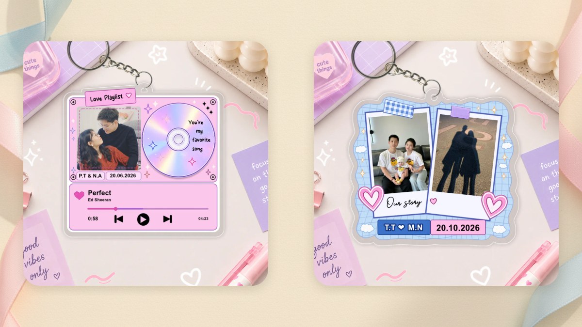 Móc khoá acrylic in ảnh và in tên theo yêu cầu, mẫu playlist và mẫu polaroid