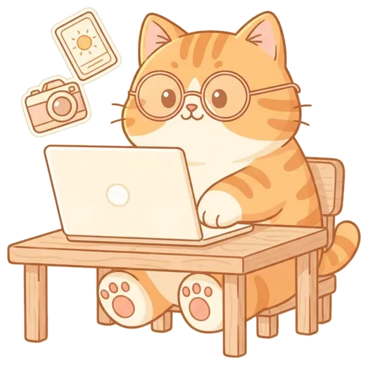 Minh hoạ Mèo Béo ngồi viết code bên laptop
